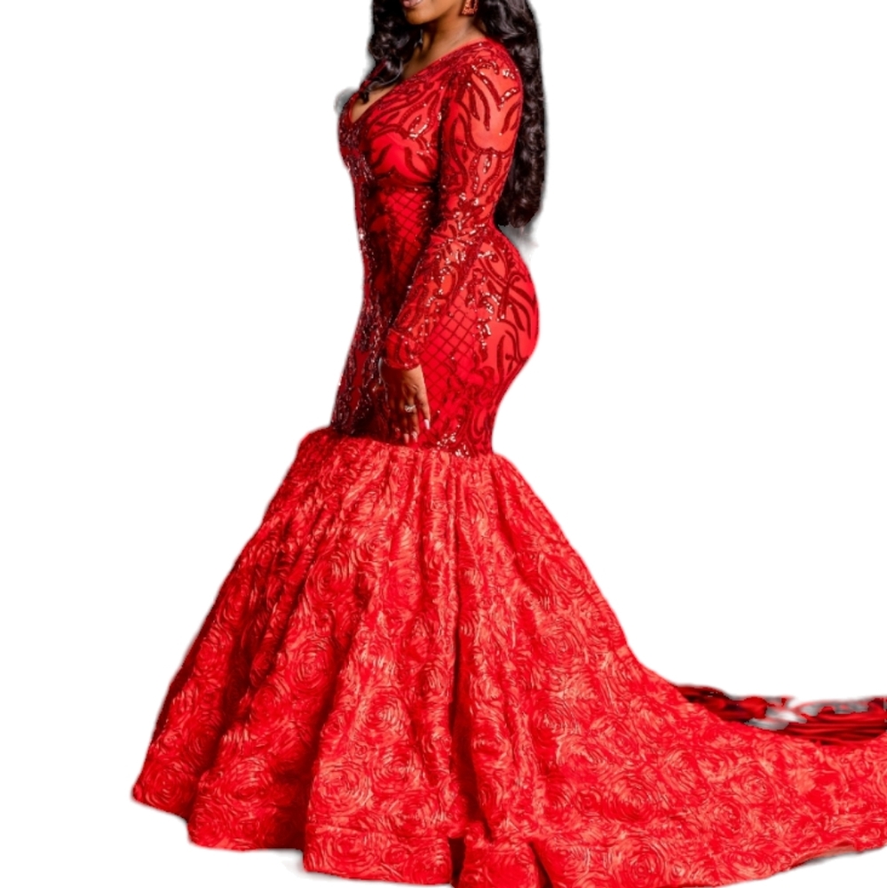 Red Sequin applique mermaid Prom Dress/Gown